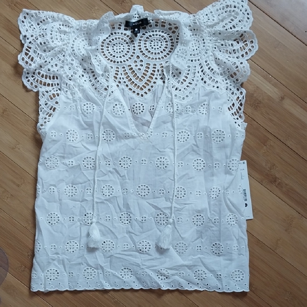 Aqua White Eyelet Lace Blouse